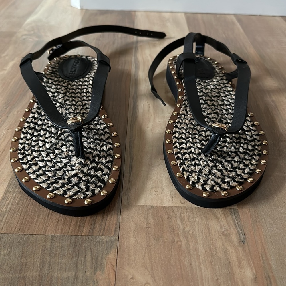 Coach Gracey thong Sandal black Editor's Notes ankle-wrap gold studs woven jute - Picture 6 of 10